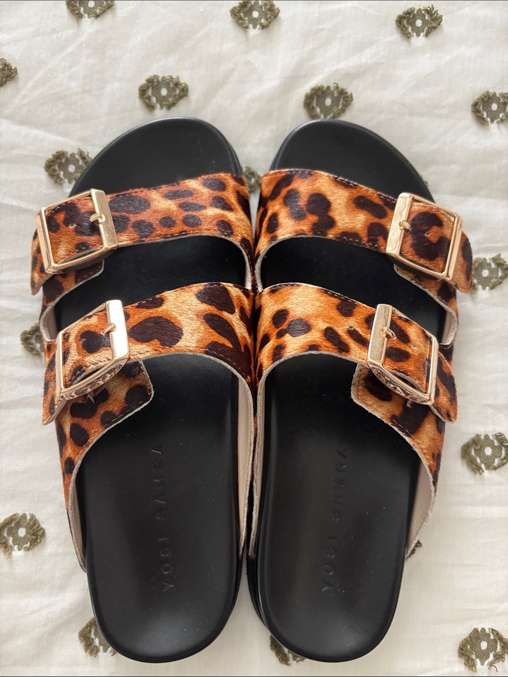 Yosi Samra Leopard Print Double Buckle Slide Sandals